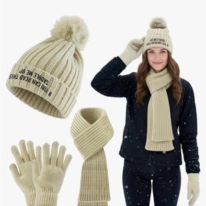 Cream Ribbed Pom-Pom Hat, Scarf & Gloves Winter Set